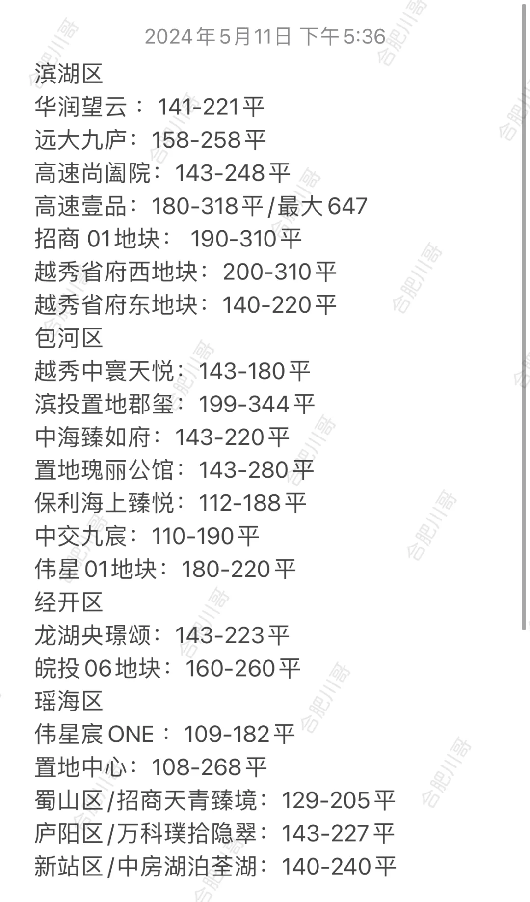 滨湖、包河、经开、瑶海和新站等大面积汇总