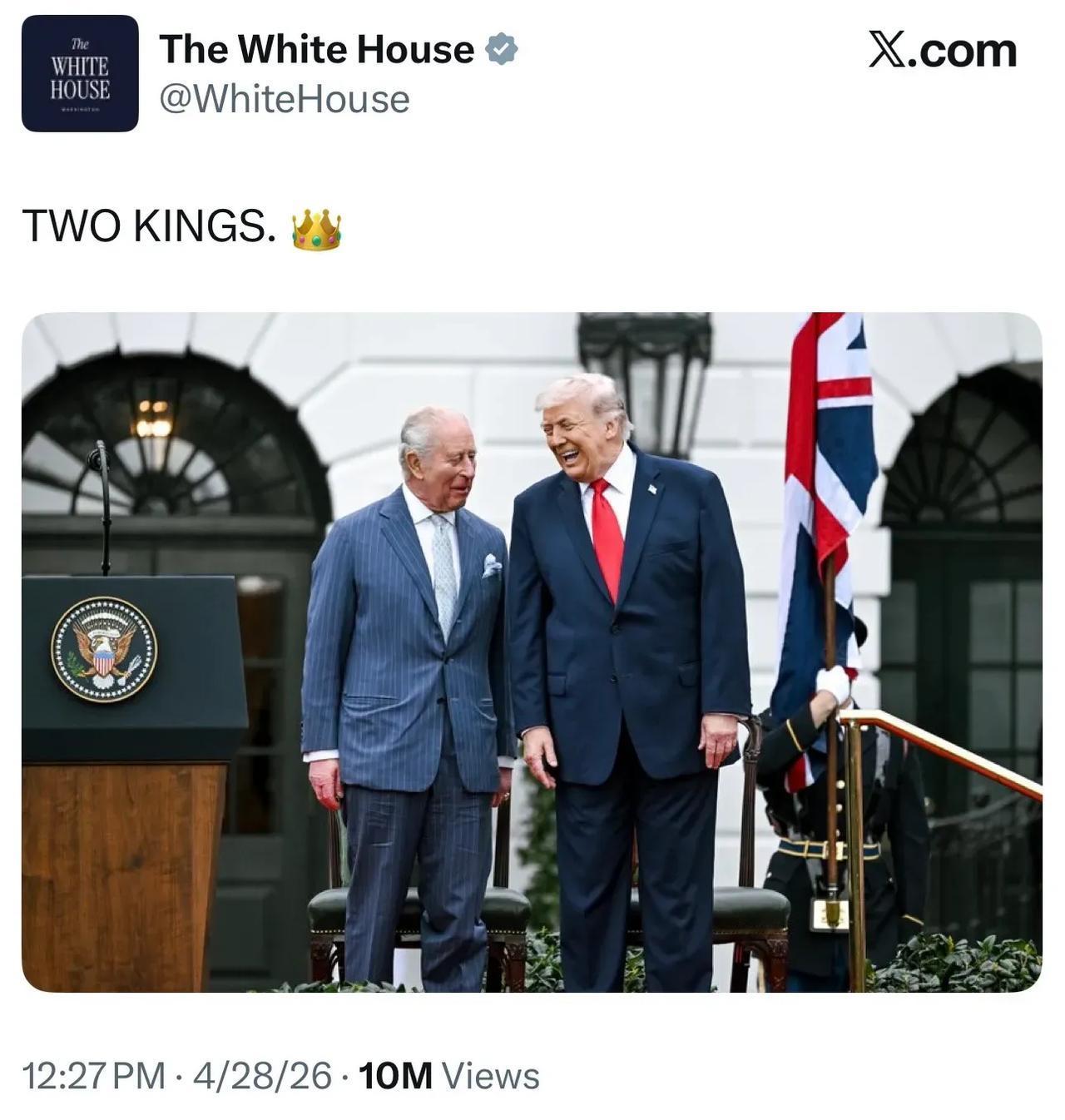 白宫官宣，美国国王特朗普接见英国国王。