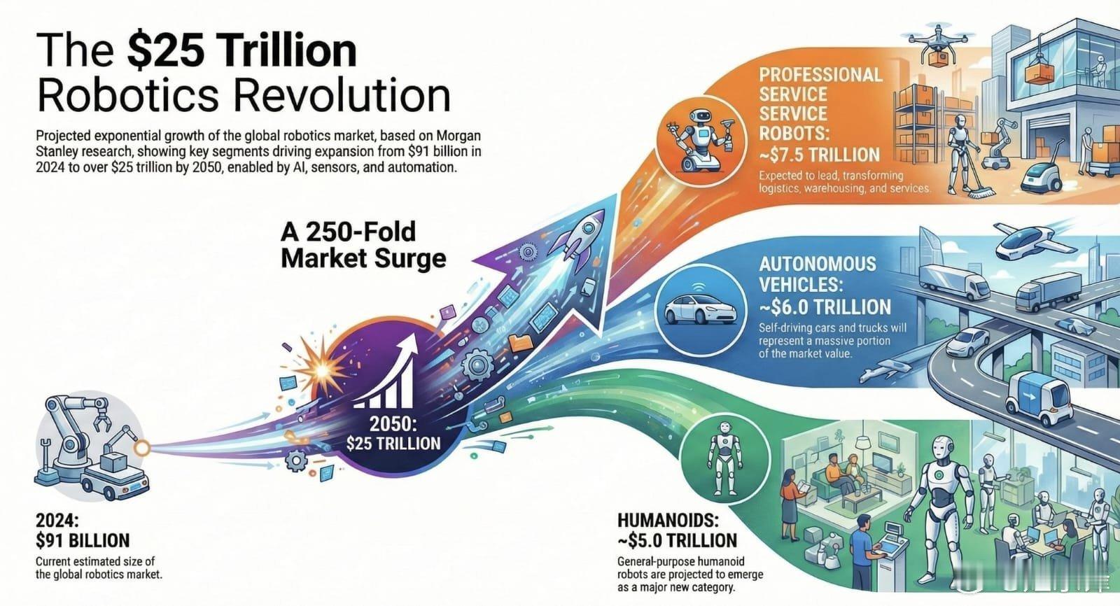 摩根士丹利预计，机器人将从今天的910亿美元增长到2050年的25万亿美元。采用