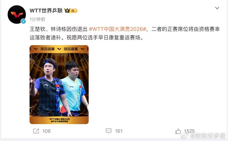 王楚钦林诗栋退赛祝早日康复 ​​​