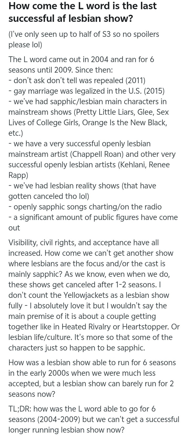 24384【看到】 r/actuallesbians 有人发帖吐槽，标题：为什么