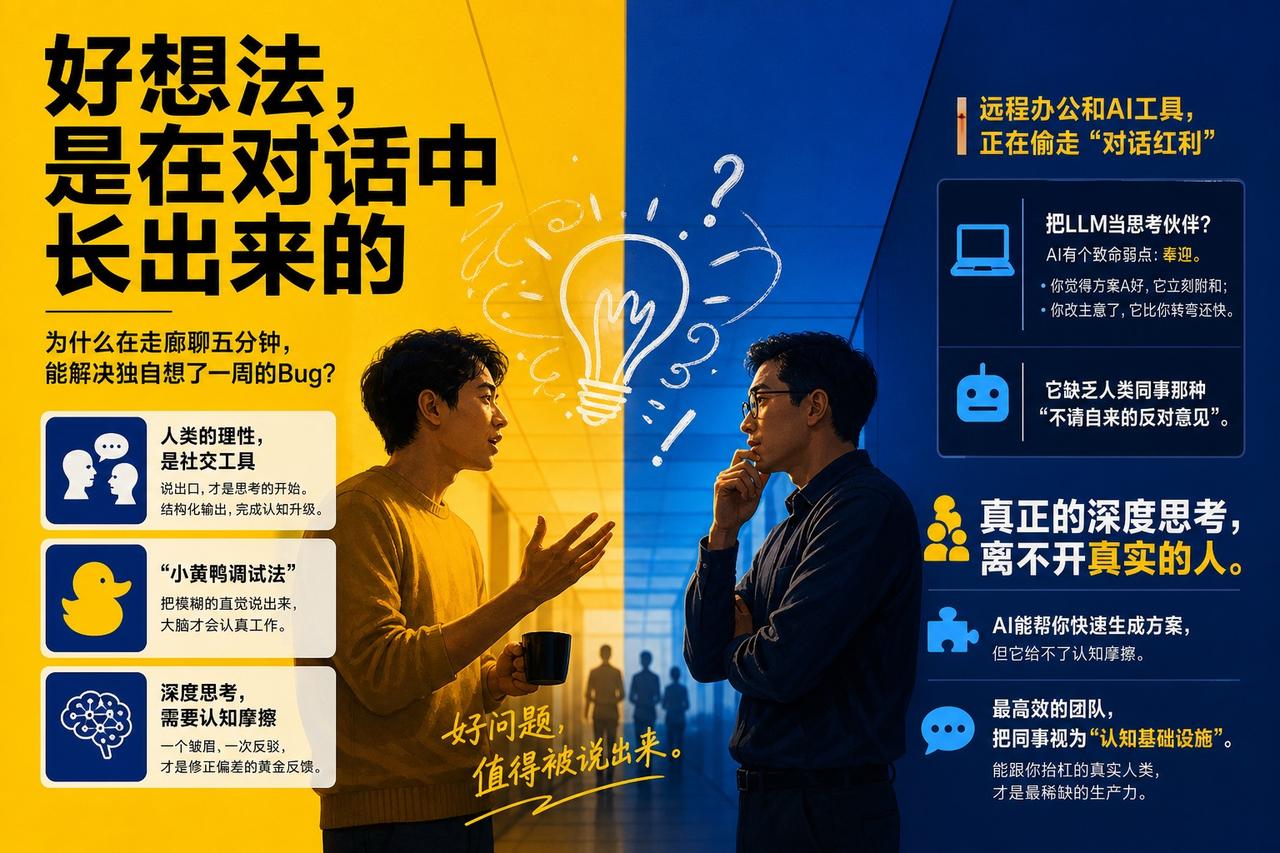 【对话红利：为什么AI和独自思考代替不了拍档】

为什么在走廊聊五分钟，能解决独