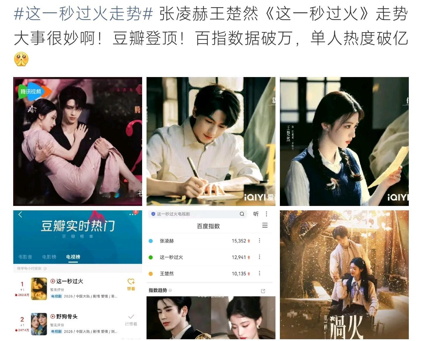 这一秒过火走势张凌赫王楚然合作剧热度一路走高，霸占豆瓣榜首，单人全网热度突破亿级