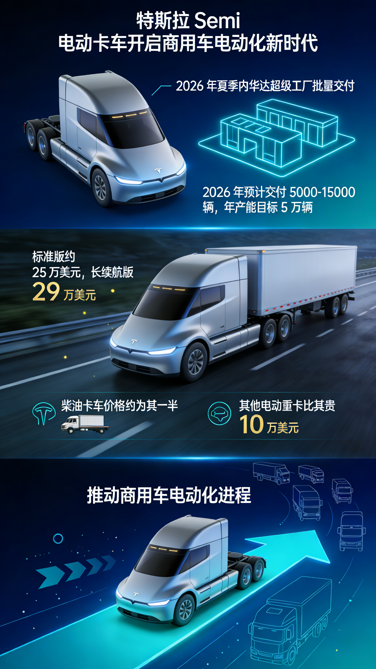 特斯拉Semi电动卡车2026年夏季批量交付，售价低于30万美元，推动商用车电动
