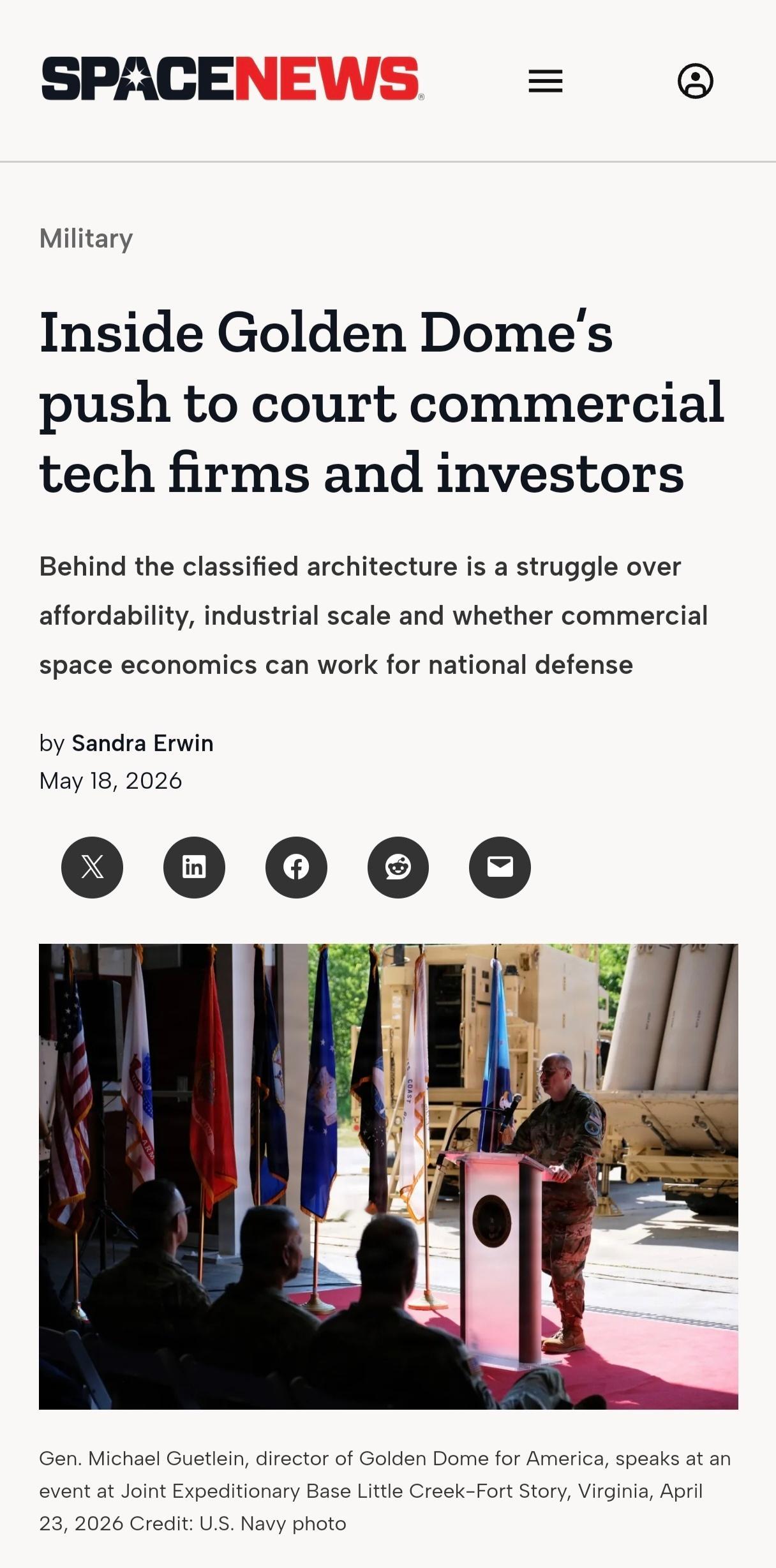 据SpaceNews报道，负责监管Golden Dome的五角大楼官员正努力向商