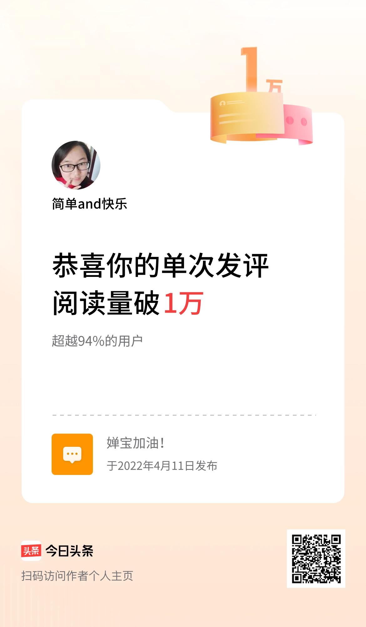 我在头条单次发评获阅读破1万次啦！