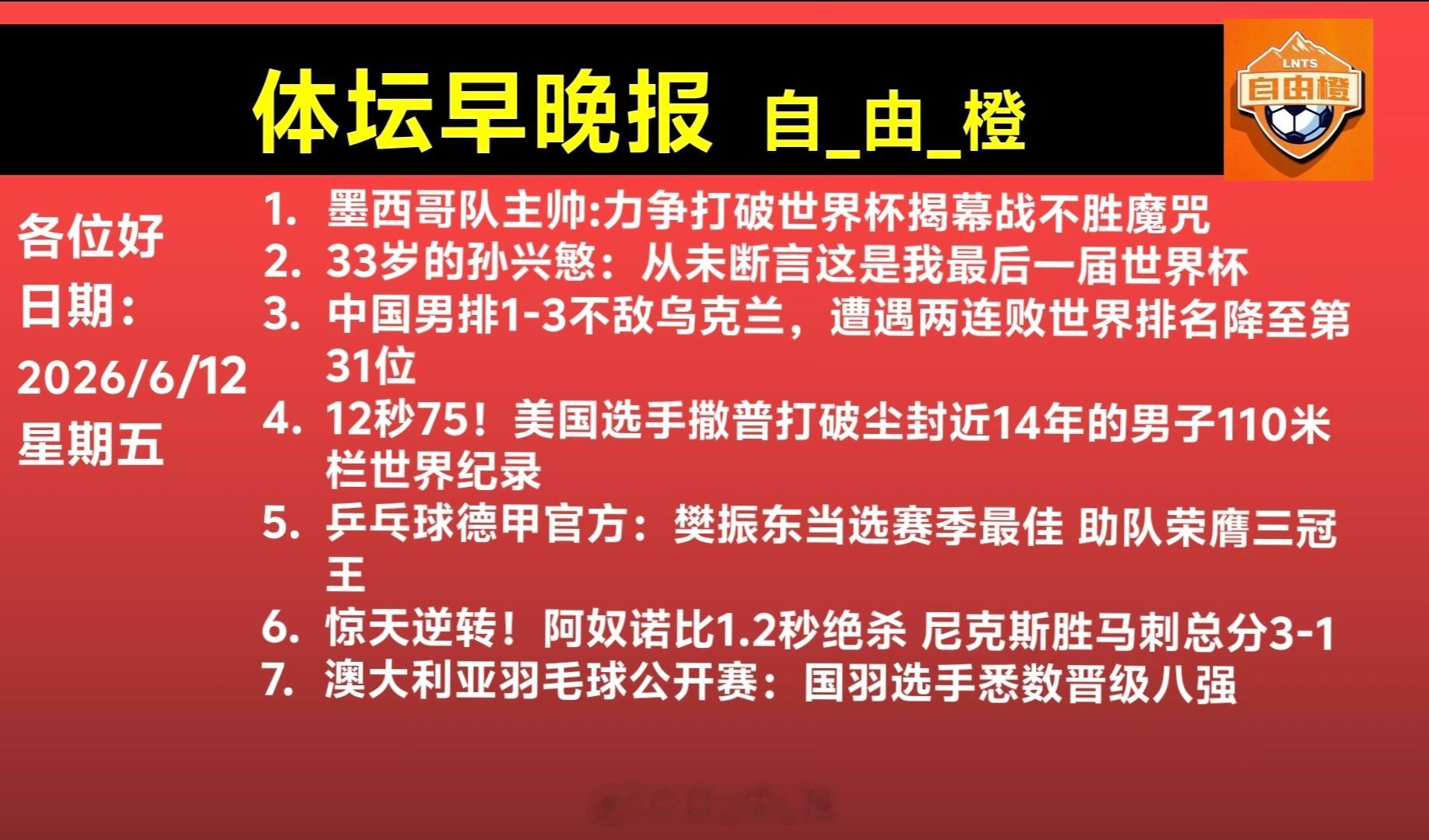 自由橙每日橙语体坛早晚报