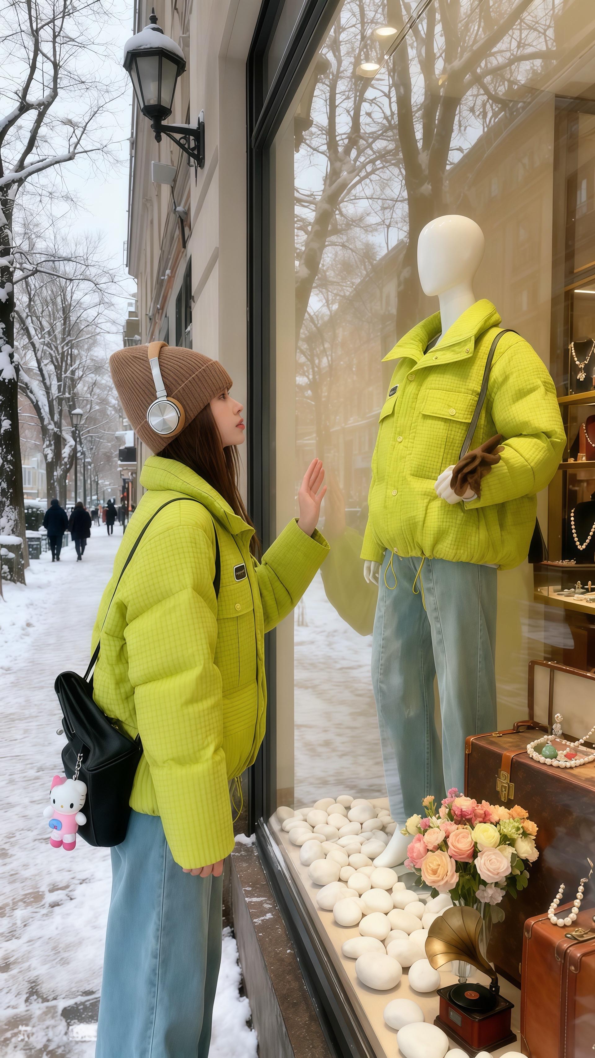 《雪天里的“荧光绿”奇遇：我的冬日穿搭与猫咪故事》  初雪簌簌落下，林...