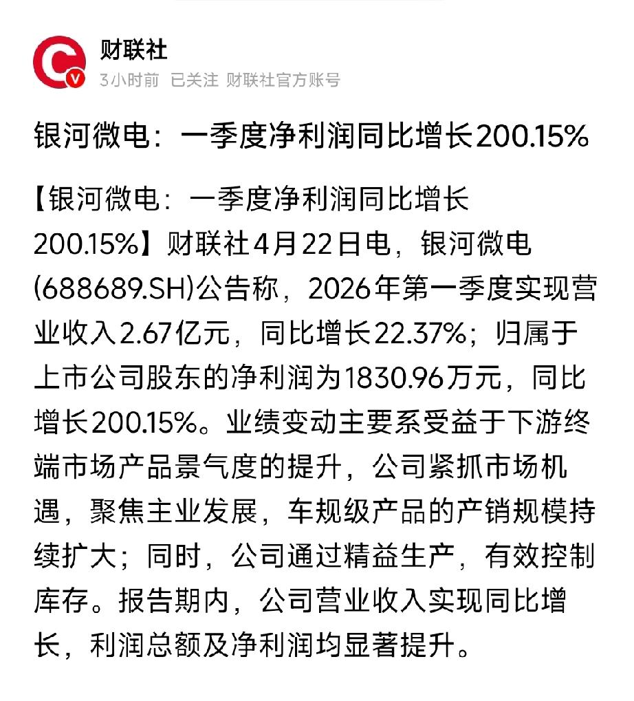 爆增200%！银河微电一季报炸裂，车规级芯片拐点确认
 
净利暴增200.15%