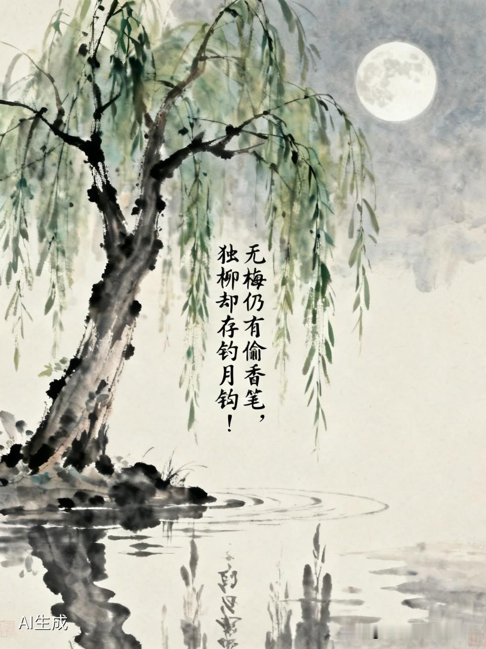 上联：无梅仍有偷香笔，安子邀对'，，独柳却存钓月钩！[微风]