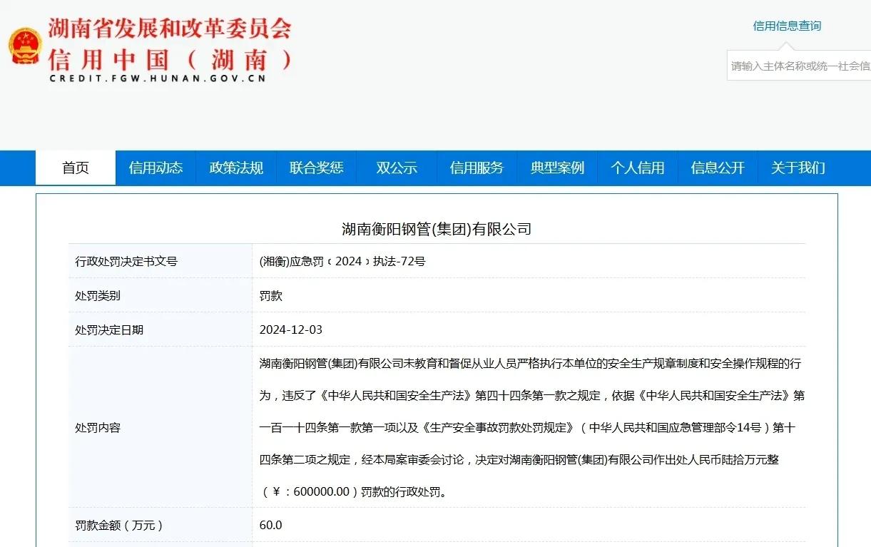 警钟！2.2吨钢管夺命，湖南钢铁旗下钢厂被罚60万
近日，信用中国（湖南）官网消