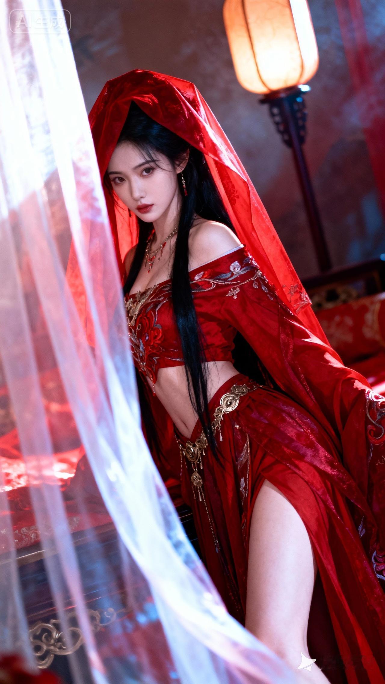 红衣美人倚纱帘，灯影摇曳夜如墨。