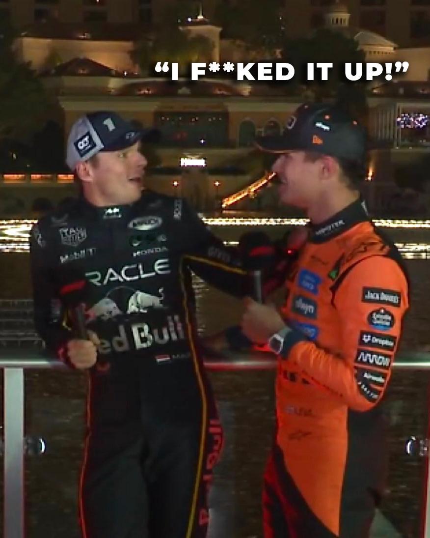 维斯塔潘听到兰多在赛后采访里爆粗后。。😱兰多：“ I F**K it Up”