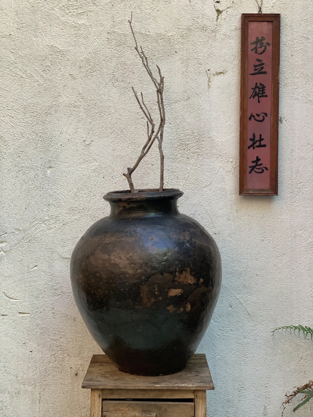 钱纹大口径高罐，包浆油润；民宿插花侘寂摆件