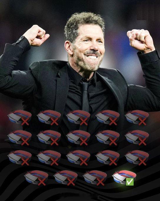 【首胜】马竞20年来首次作客击败巴萨，西蒙尼执教生涯第19次带队作客诺坎普球场，