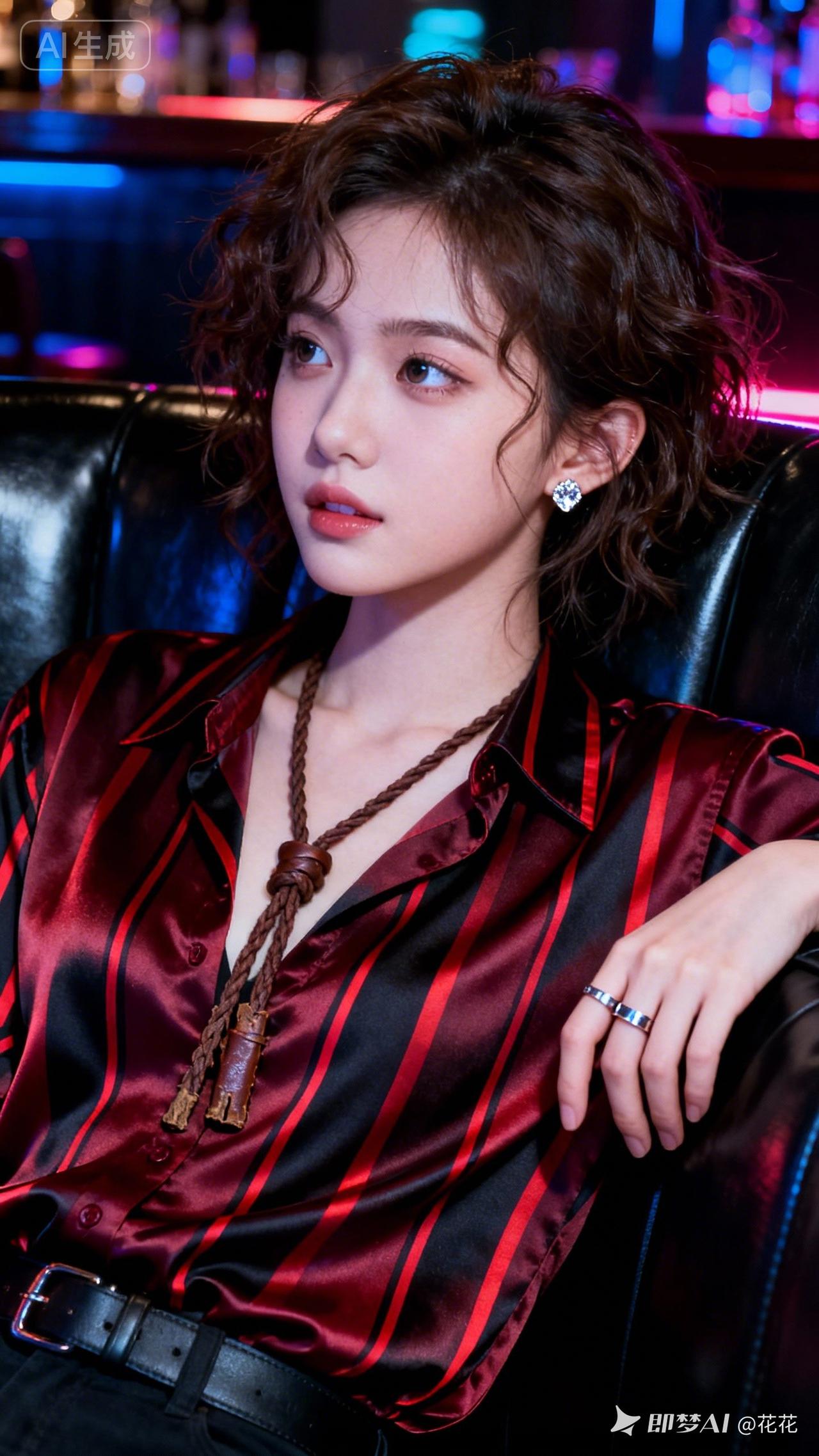 江南少女冷白瓷肌幼态脸，深棕微乱卷发，钻石耳钉皮质吊坠。酒红黑条纹丝质衬衫，暗调