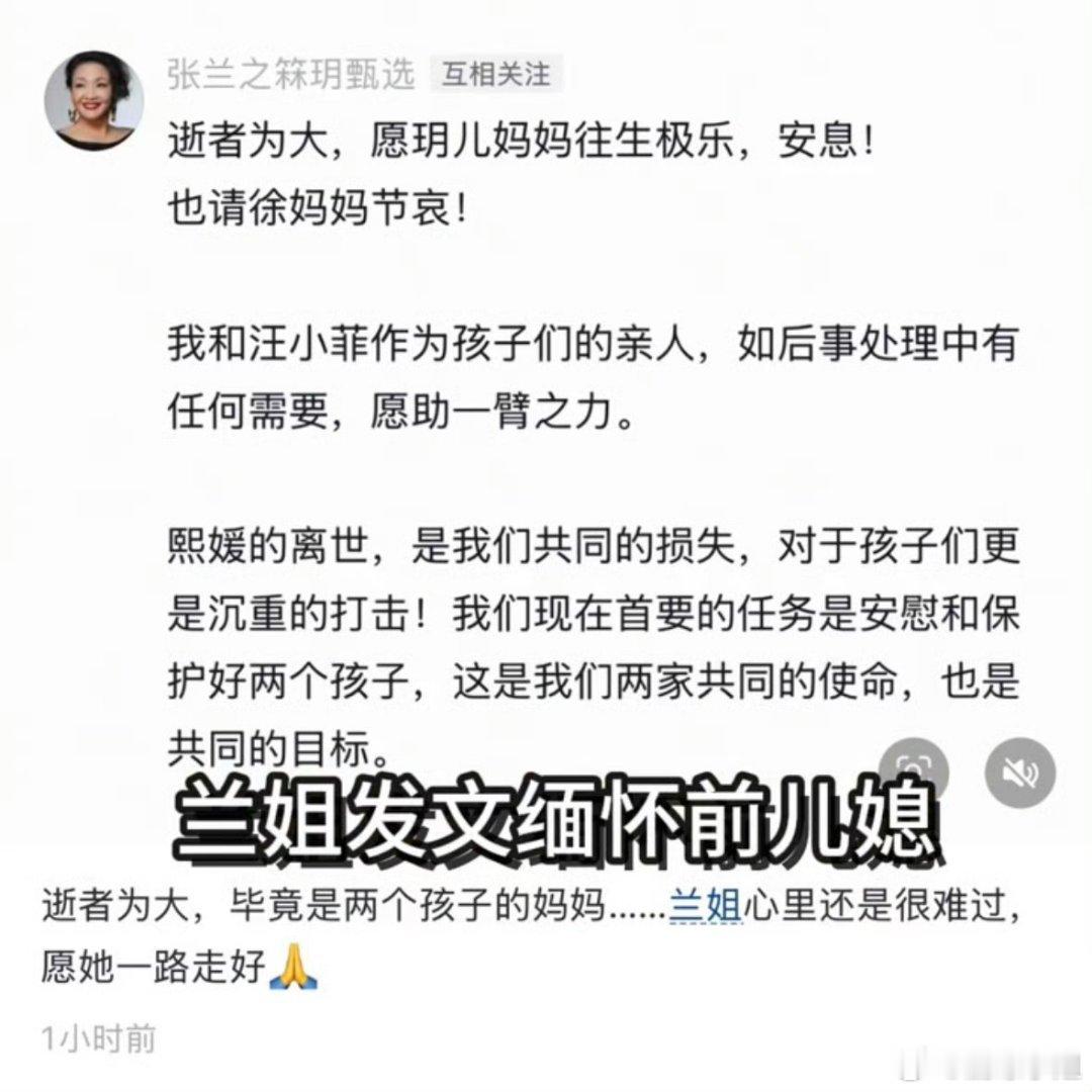 张兰说首要目的是安慰和保护孩子 希望张兰从今往后的发言都这样得体……逝者为大就不