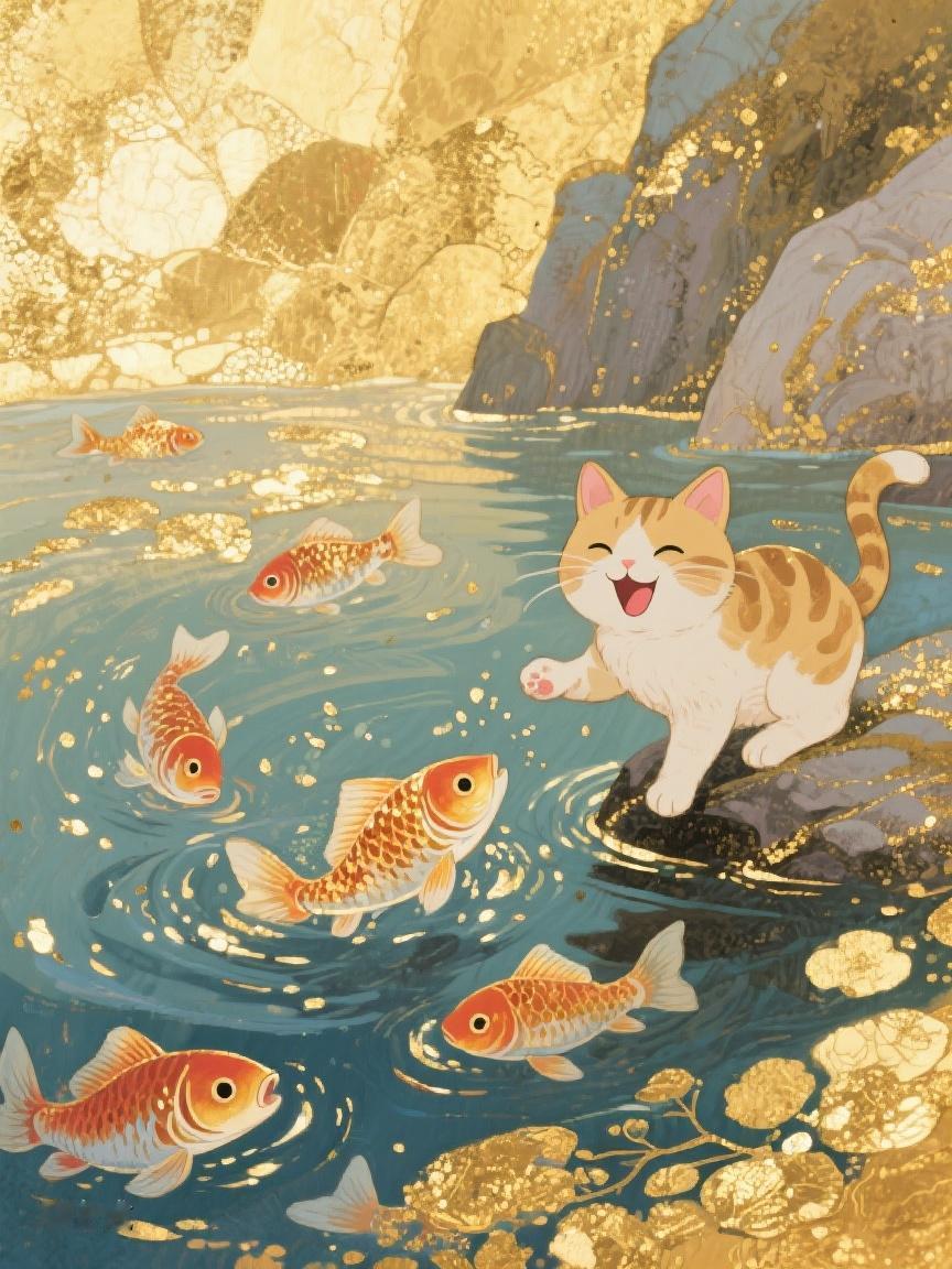 AI妙生图在这金波荡漾间，猫咪与锦鲤共嬉，每滴涟漪皆藏着生活的灵动与奥秘✨