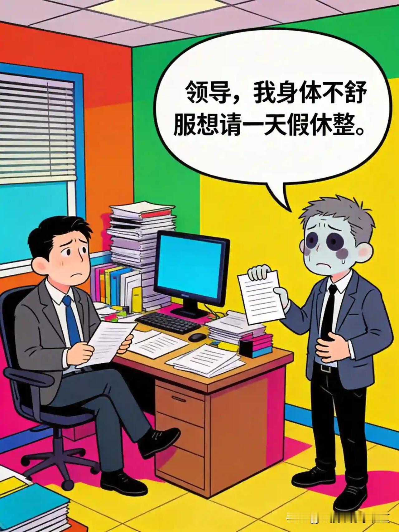 日常请假难题
员工：领导，我身体不舒服想请一天假休整。
领导：项目正忙，人手紧缺