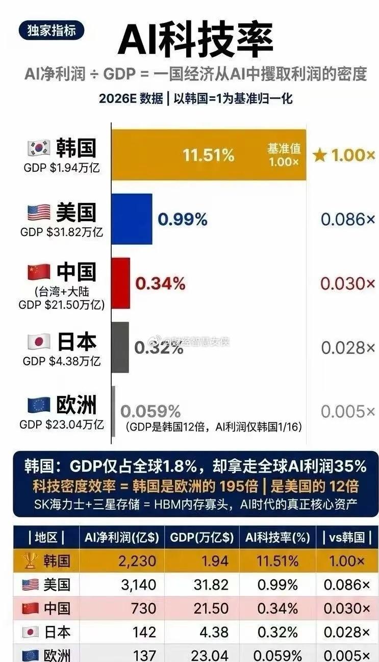 太疯狂了！GDP仅占全球1.8%，却拿走全球AI利润35%
韩国太疯狂了，AI科