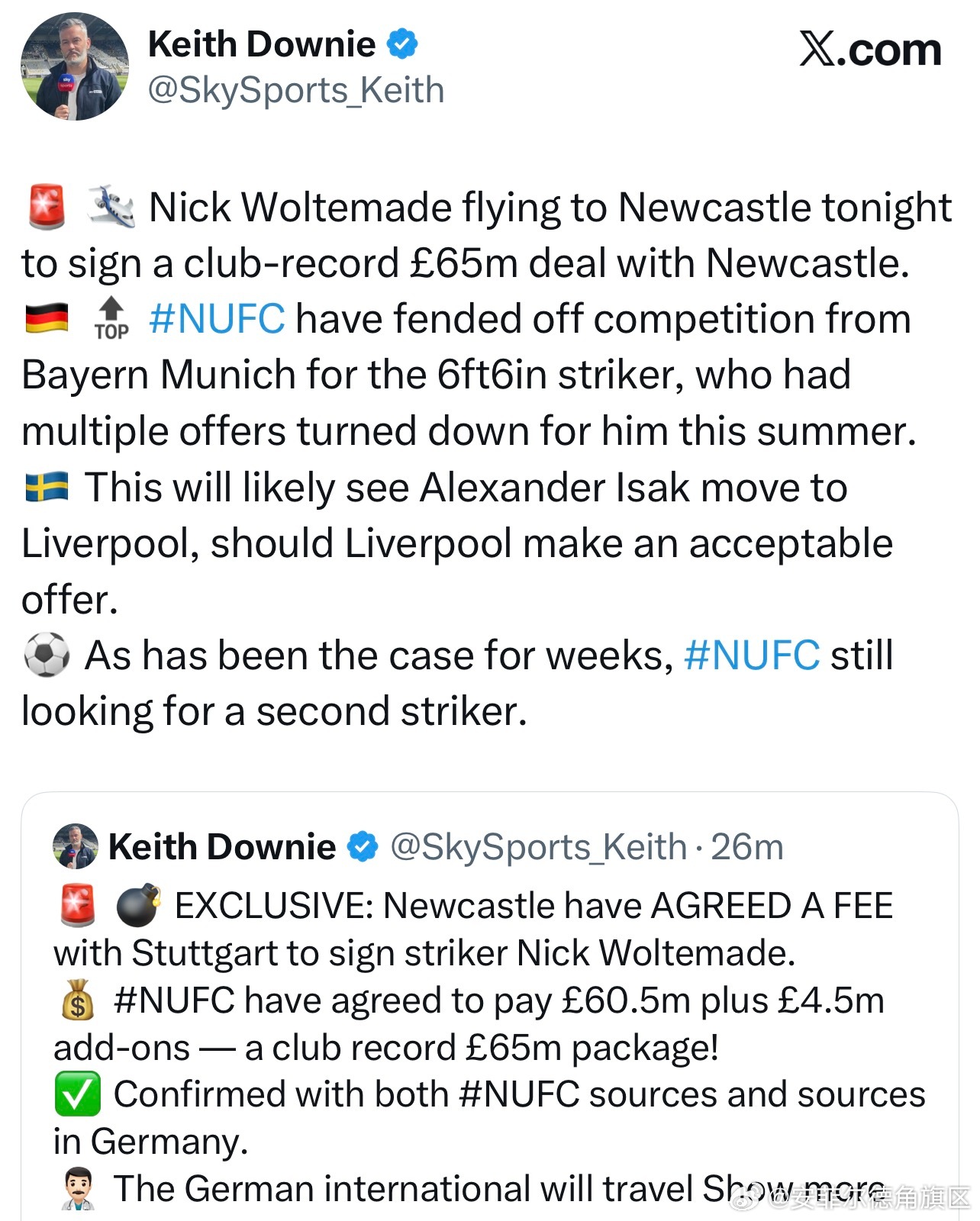 Keith Downie透露沃尔特马德今天晚上就会飞往英格兰，和之前一样纽卡也同