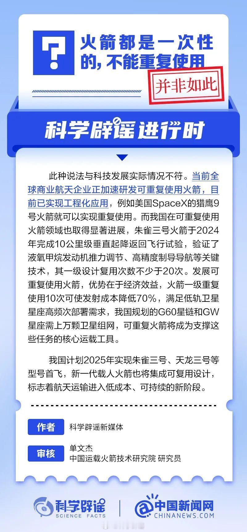 科学辟谣进行时 【火箭都是一次性的，不能重复使用？并非如此】此种说法与科技发展实