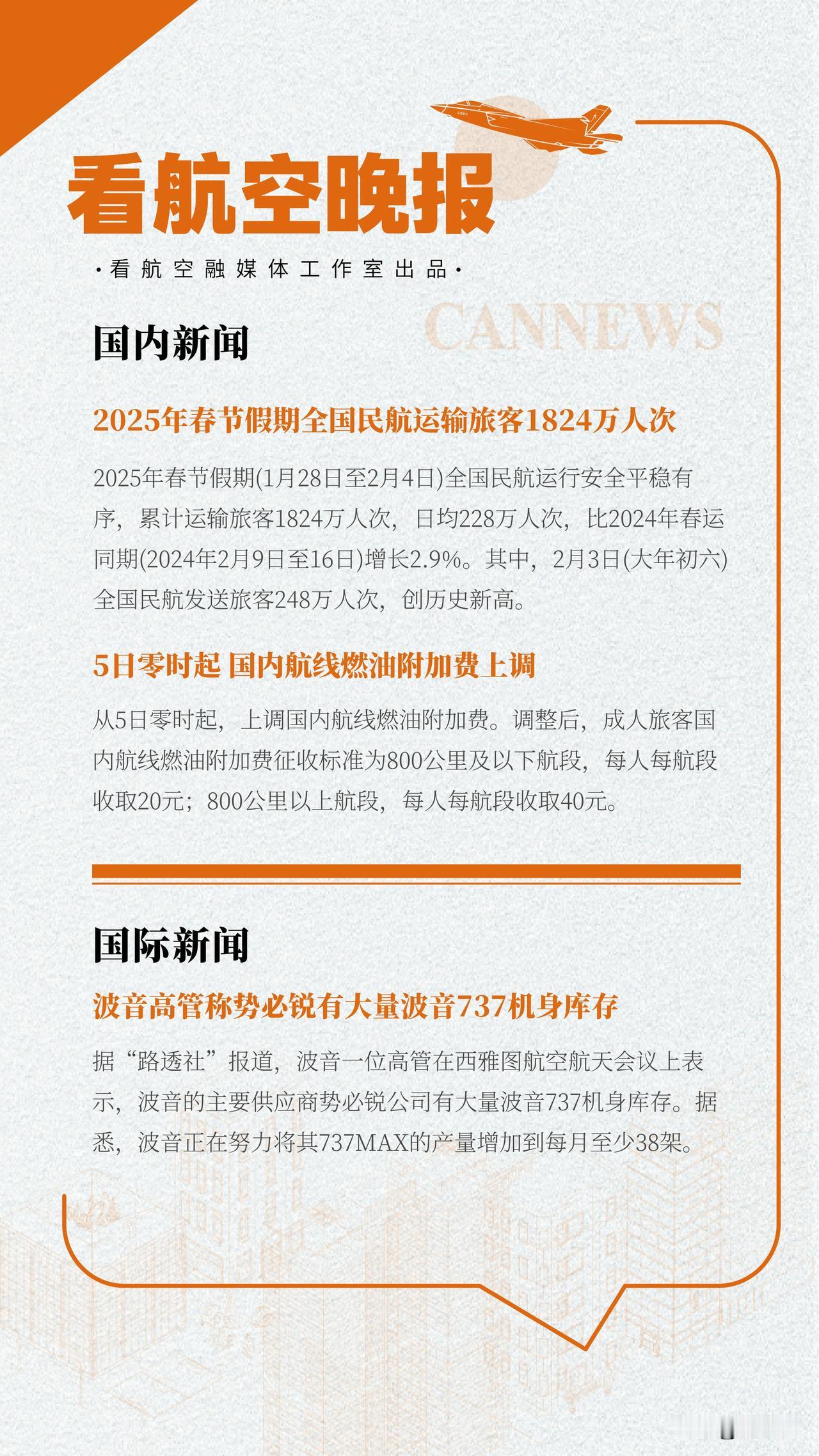 2.5晚报
2025年春节假期全国民航运输旅客1824万人次
5日零时起 国内航