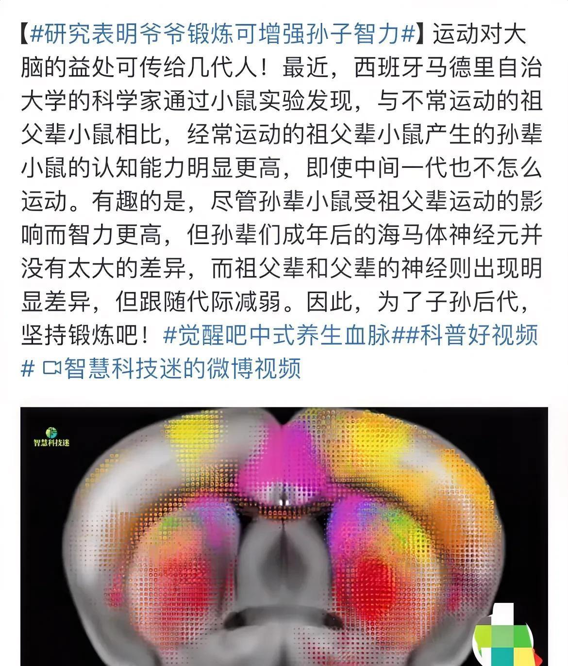 你绝对想不到！爷爷锻炼，孙子智商飙升！这听起来有些难以置信，可是来自西班牙的科学