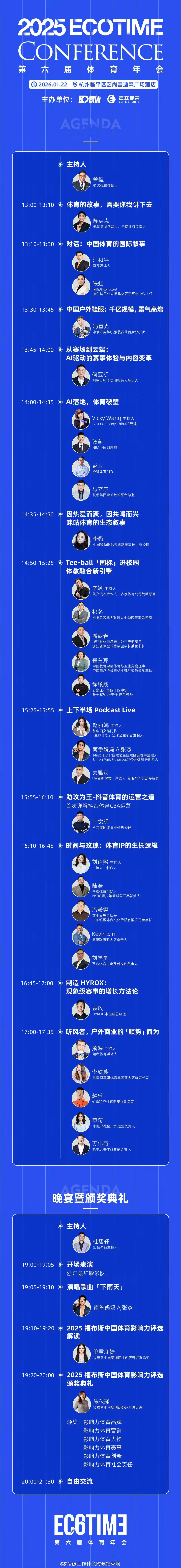 📢第六届ECOTIME体育年会1月22日，第六届ECOTIME体育年会在杭州临