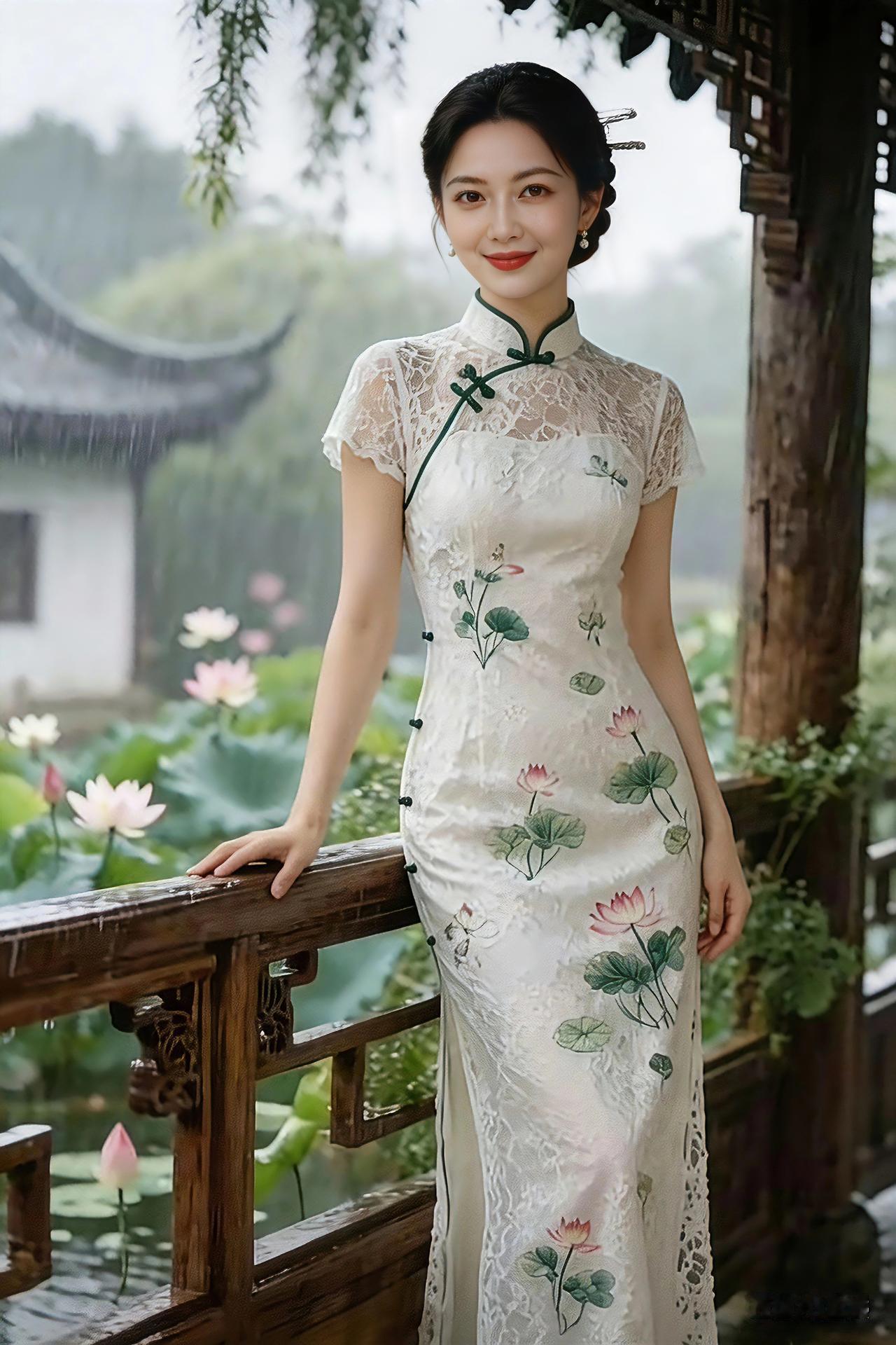 荷风细雨润亭台，
素旗袍裙映粉腮。
浅笑嫣然含雅韵，
宛如仙子踏云来。
白话释义