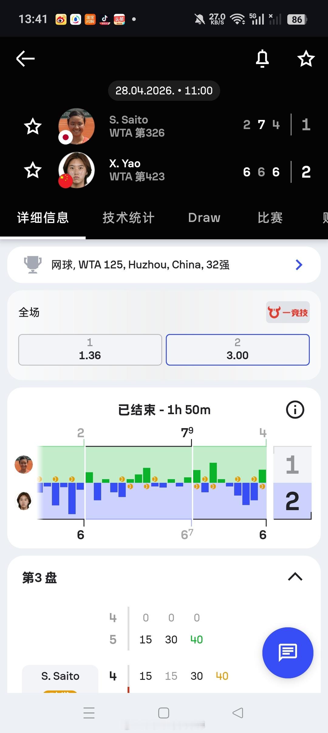 小花小草资讯【湖州WTA125】女单第一轮姚欣辛🇨🇳以6-2/6-7（7）/