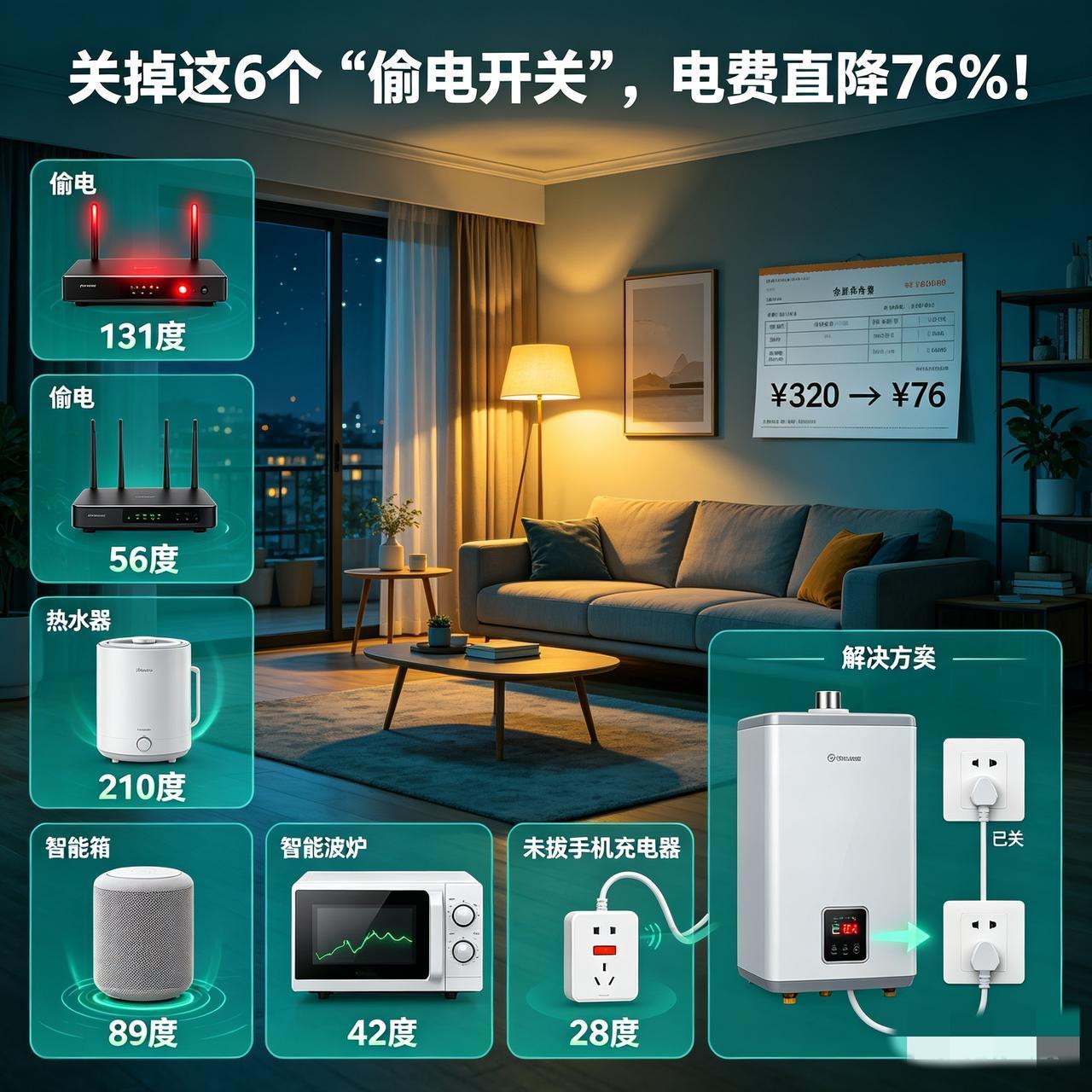 关掉你的开关

机顶盒：待机功耗≈15W，年耗电超130度。

路由器：待机约3