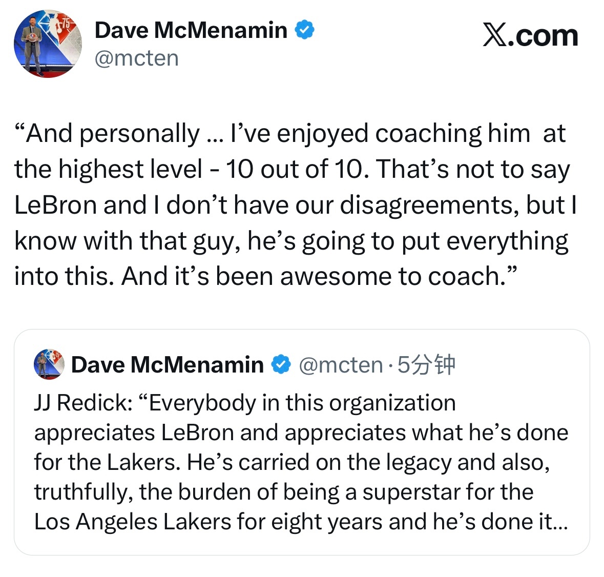 雷迪克：“球队里的每个人都很感激勒布朗，也感激他为湖人所做的一切。八年来，他延续