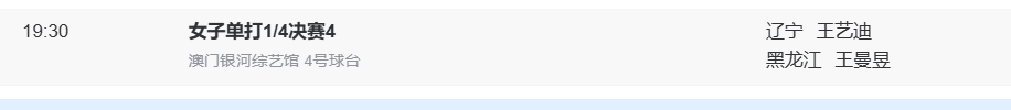 比赛安排:11月13日 19:30 T4王曼昱(黑龙江) VS 王艺迪(辽宁)