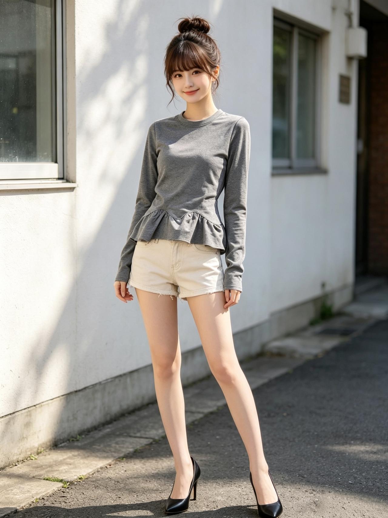 灰色上衣搭配米色短裤，是打造元气少女感的绝佳组合！灰色自带高级感，无论是修身的T