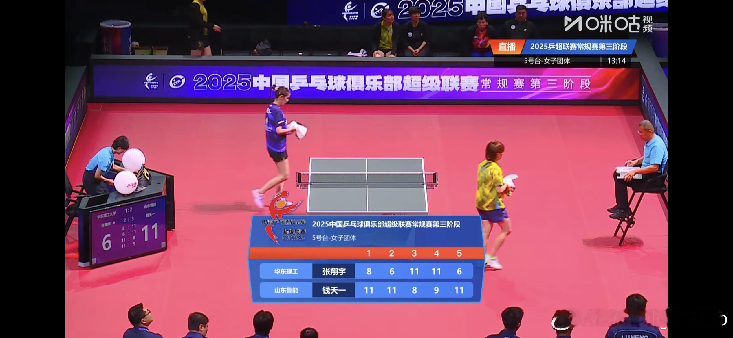 2025乒超联赛 山东鲁能2-1华东理工大学钱天一3比2张翔宇（11:8，11: