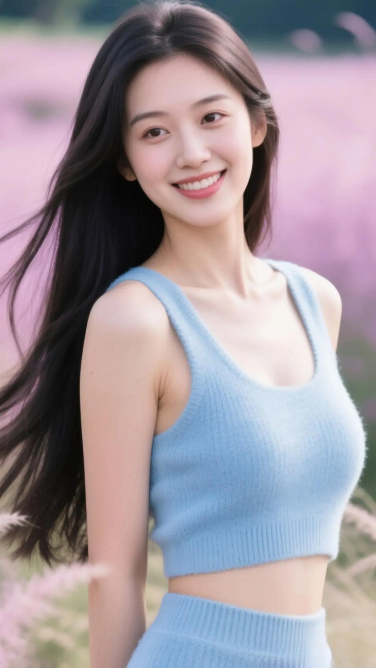 浅蓝色的针织套装，清新优雅阳光气质十足！