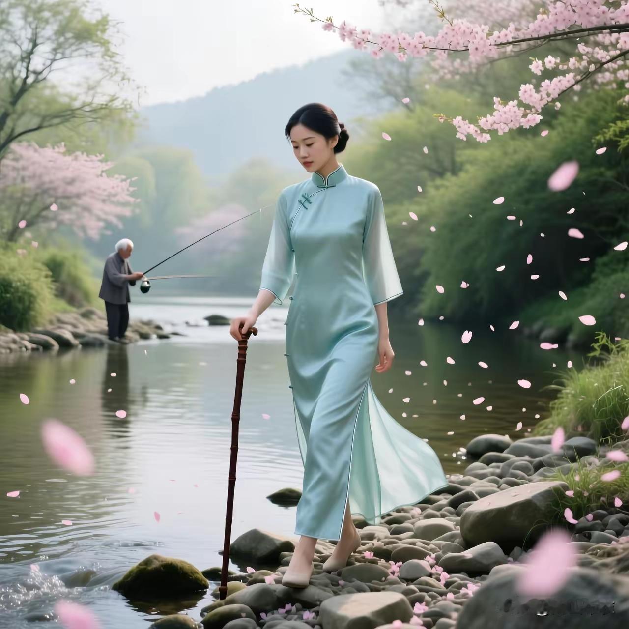 四块玉·春残
芳事阑，四月晚，
扶藜闲听水声湍。
落花风里无人管。
老叟闲，滩上