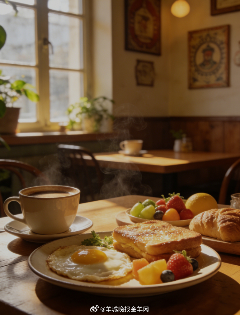 #早安# 阳光轻轻落在温馨的西式早餐小店，暖香裹着温柔，新的一天，从一口甜、一份