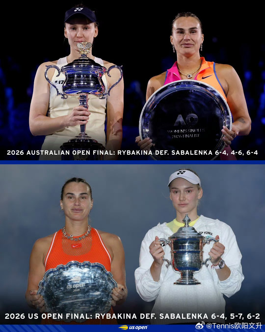 🇧🇾萨巴伦卡2026赛季大满贯表现🔵澳网 亚军🥈不敌🇰🇿莱巴金娜🟠