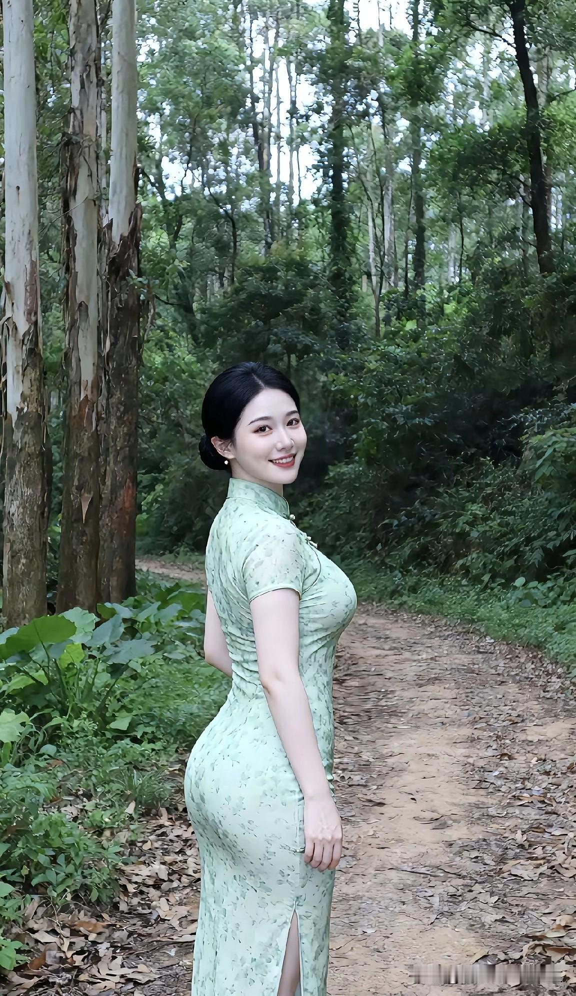 绿衣美人在林间，笑语如花映容颜。绿裙侧颜随拍 绿裙佳人写真 绿裙美人自拍 绿衣美