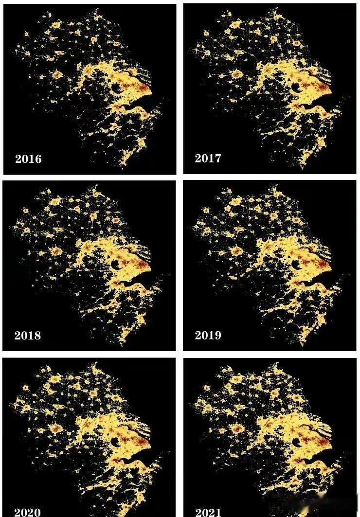 2016-2021年长三角区域夜间灯光遥感影像示意图