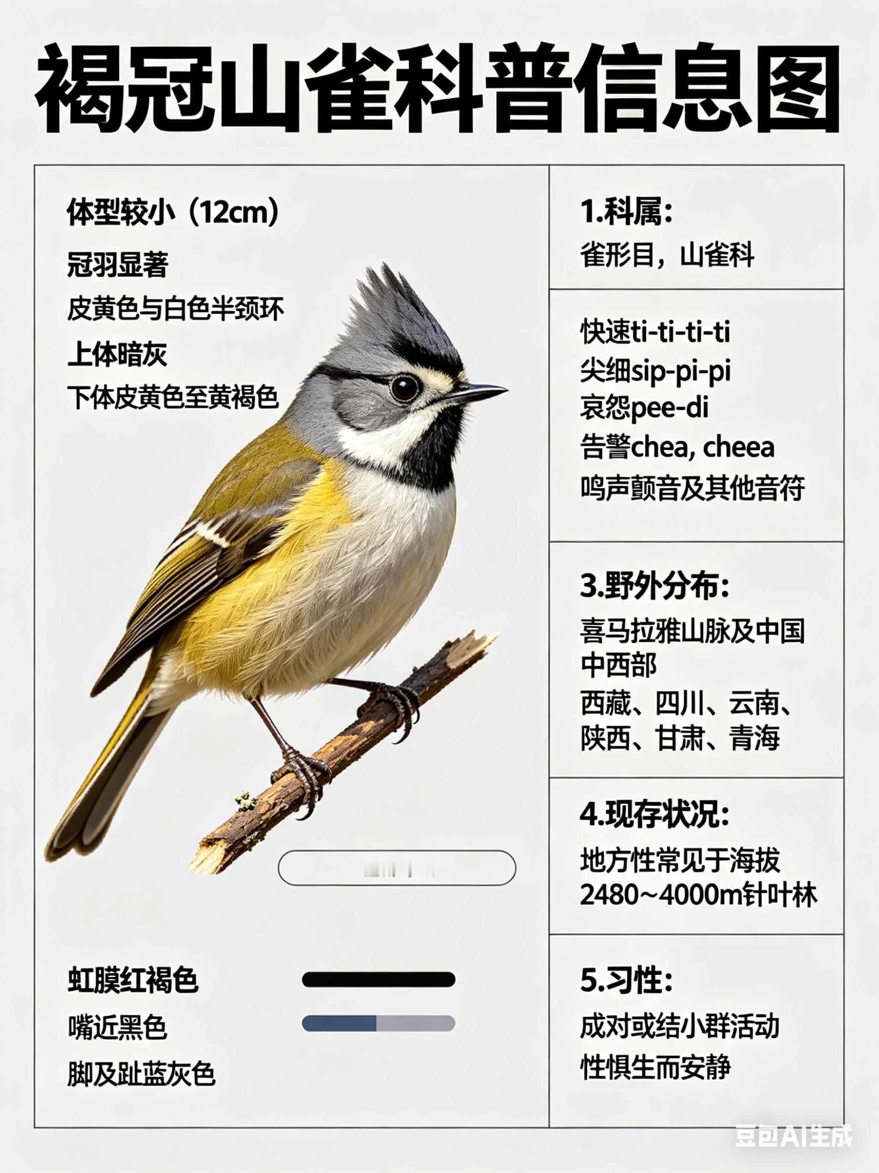 鸟类朋友图鉴 褐冠山雀·科属：雀形目，山雀科。·外形特征：体型较小（12cm）而