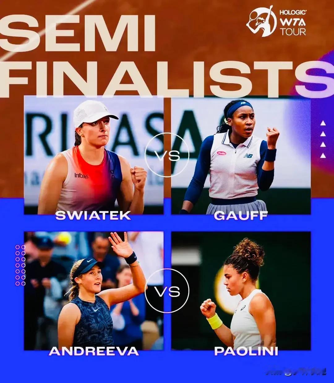 法网女单半决赛今晚上演，斯瓦泰克VS高芙，鲍里妮 VS安德烈耶娃，各位看好哪两位