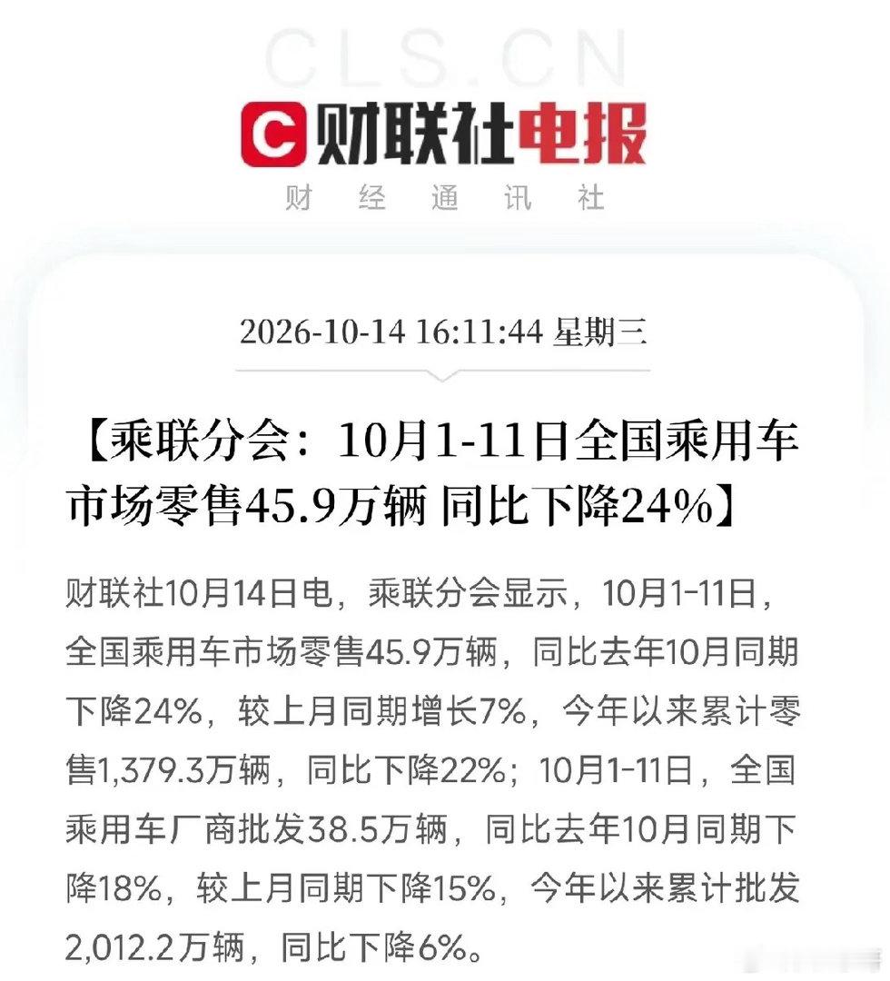 乘用车零售数据大幅下滑，新能源也撑不住了乘联分会发布数据，10月1-11日全国乘