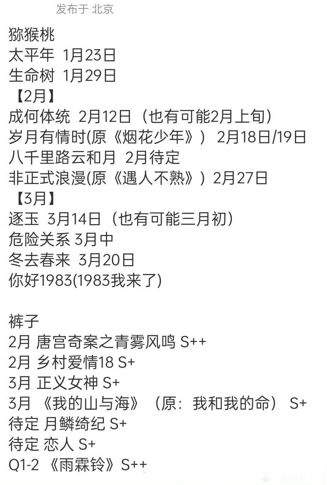 爱奇艺优酷第一季度排播 