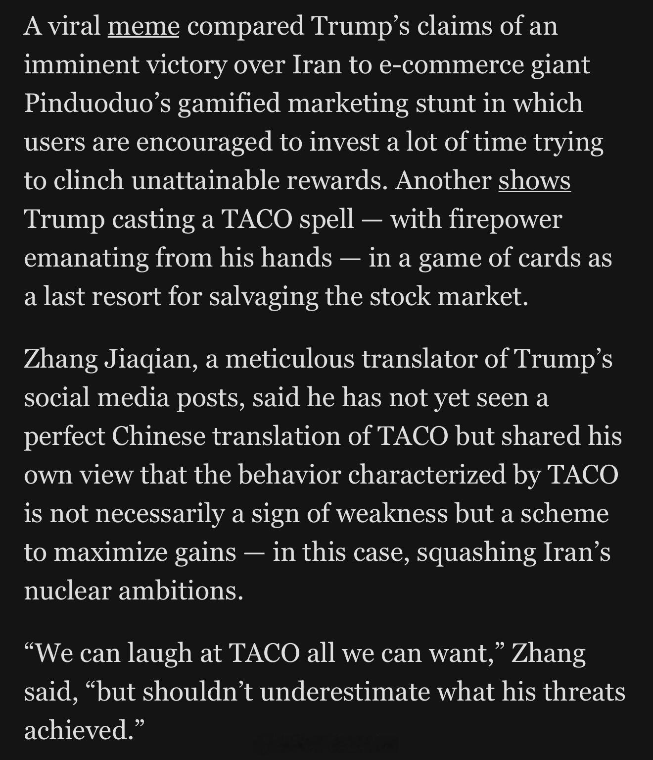 <华盛顿邮报>一篇文章介绍世界各地玩关于川普的TACO梗，其中提到中国的部分：在