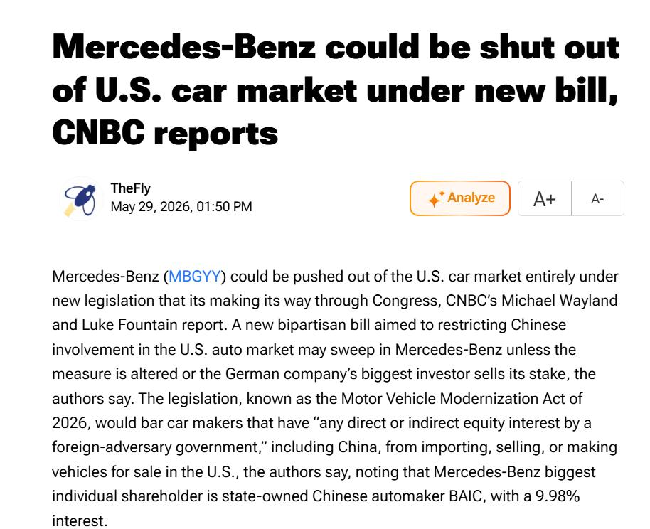 奔驰可能要被美国封杀了
美国国会正在推动一项针对“中国资本车企”的新法案。
因为