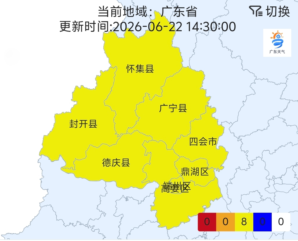 【36℃！肇庆全市高温黄色预警生效】据肇庆市气象台消息，预计14-17时：肇庆市