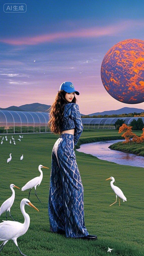 晨曦染草原，落日橙黄铺天际，翠林环抱蜿蜒河，彩树剪影衬禅意。女士着高订户外套装，